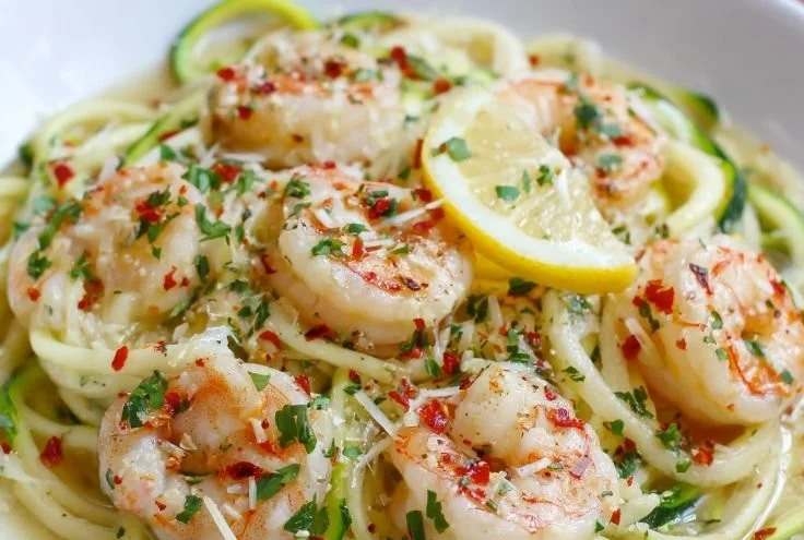 Plate of Shrimp Scampi Zoodles with garlic and herbs