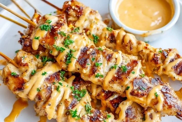Delicious skewered chicken with spicy bang bang sauce on a grill