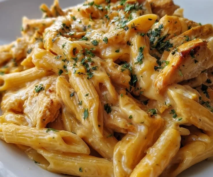 Delicious slow cooker cheesy chicken penne ready to serve