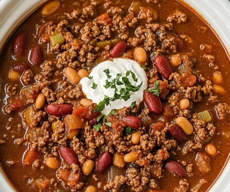 Bowl of slow cooker chili garnished with cilantro and cheese