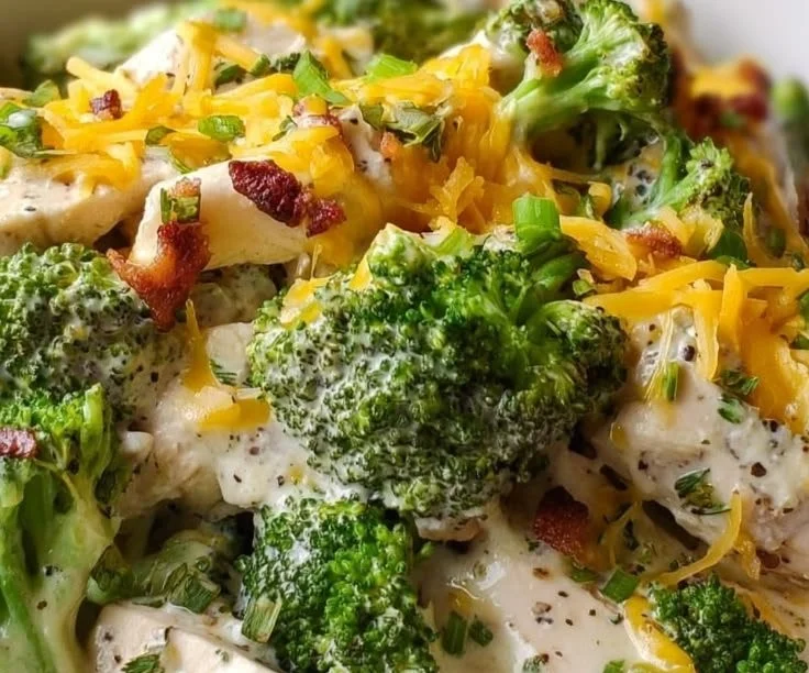 Slow-Cooker Loaded Broccoli Chicken in a bowl with cheese and seasonings