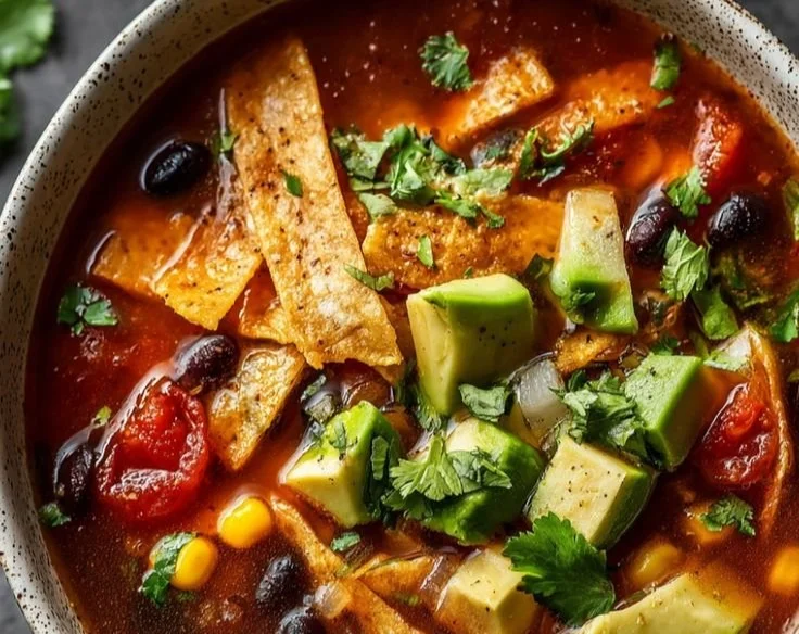 Bowl of slow cooker tortilla soup topped with crispy tortilla strips and avocado