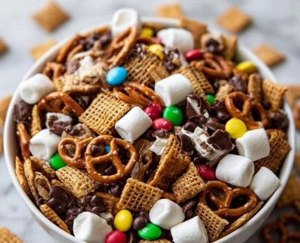 Delicious S'mores snack mix with chocolate, graham crackers, and marshmallows