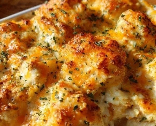 Sour Cream Chicken Bake topped with herbs and served with sides.