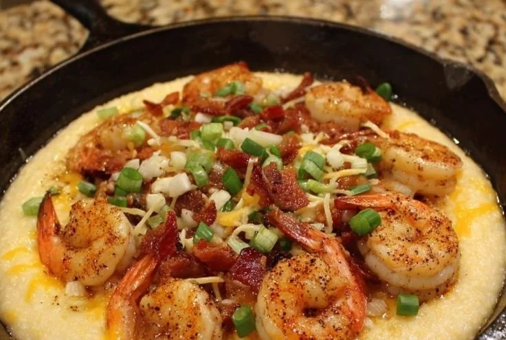 A delicious plate of Southern shrimp and grits topped with shrimp and herbs.