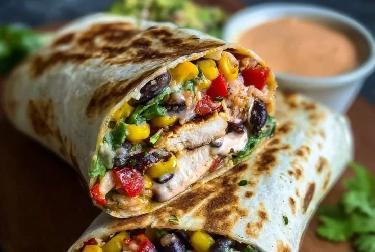 Delicious Southwest Chicken Wrap filled with seasoned chicken and fresh vegetables