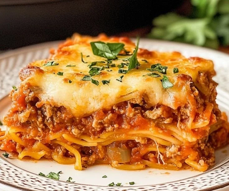 Baked Spaghetti Pie on a plate, garnished with parsley and cheese.