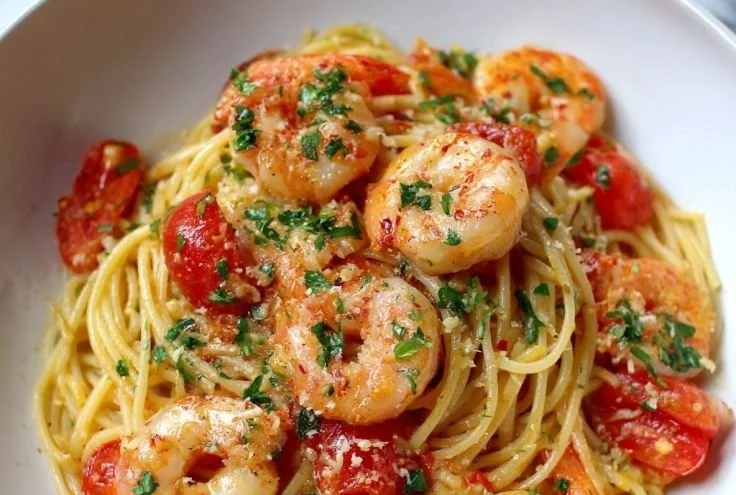 Delicious spaghetti with garlic, fresh tomato, and shrimp dish on a plate.