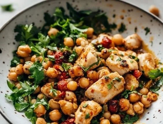 Delicious Spicy Chickpeas with Chicken served in a bowl.