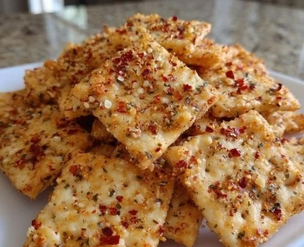 Bowl of spicy ranch crackers with firecracker flavor, perfect for snacking