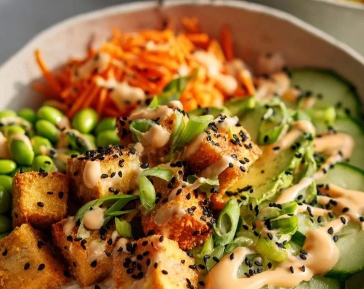 Delicious Spicy Salmon Rice Bowl topped with fresh ingredients