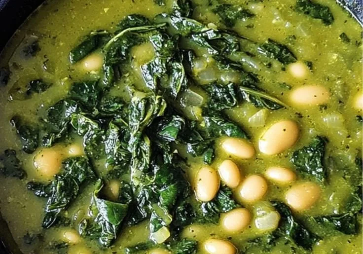 Delicious Spinach Lentil Soup with butter beans served in a bowl