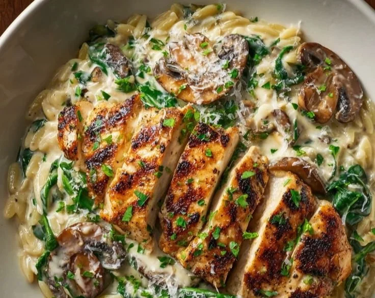 Delicious Spinach Mushroom Orzo with Chicken served in a bowl