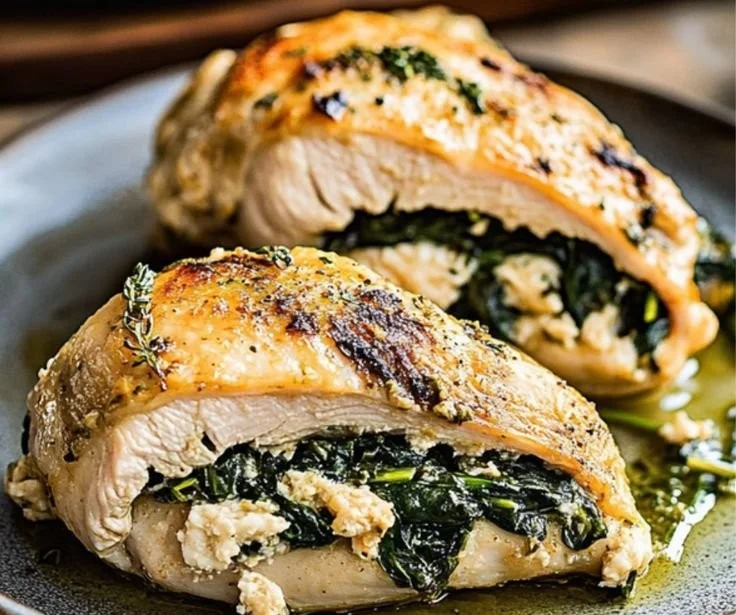 Spinach stuffed chicken with cheese and herbs on a plate