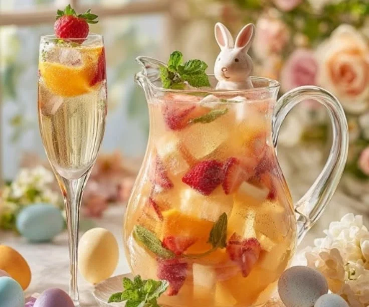 Glass of colorful Spring Bunny Sangria with fruits and flowers