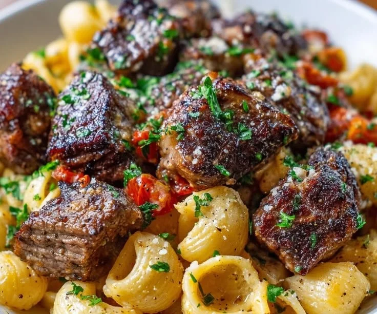 Delicious steak bites served with creamy garlic shell pasta