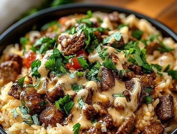 Delicious plate of Steak Queso Rice topped with cheese