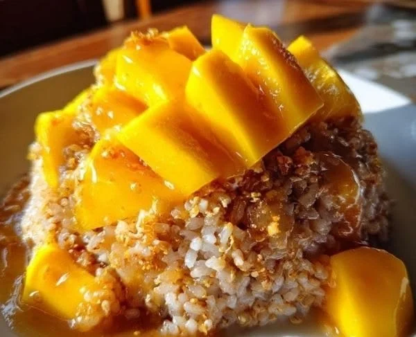 Delicious sticky rice with mango dessert served on a plate