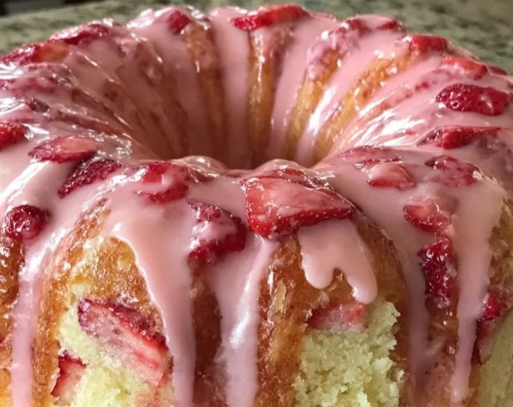 A slice of strawberry cream cheese pound cake topped with fresh strawberries