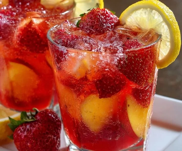 Refreshing glass of Strawberry Peach Lemonade garnished with fresh fruit slices