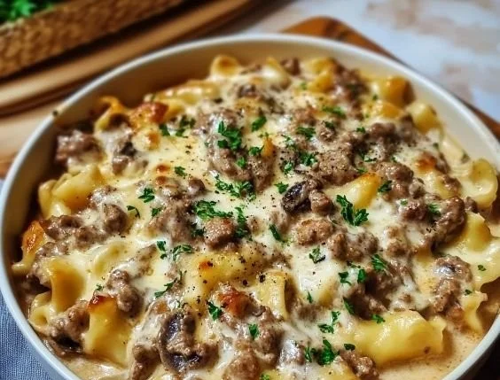 Healthy Stroganoff with Ground Turkey served in a bowl