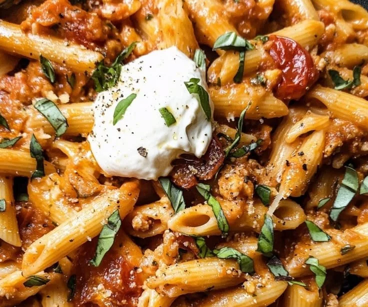 Delicious sun dried tomato pasta garnished with fresh basil