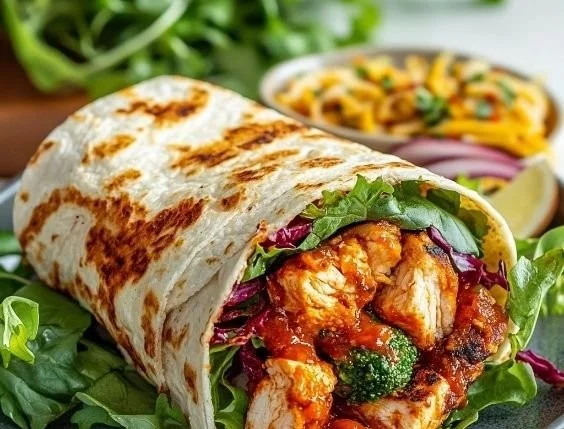 Sweet chili chicken wraps with fresh vegetables and flavorful sauce