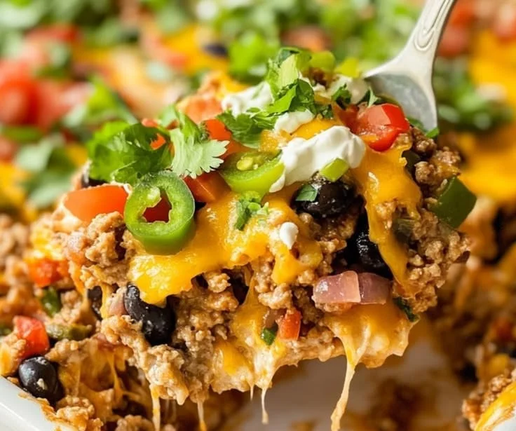 Delicious taco bake casserole topped with cheese and fresh toppings