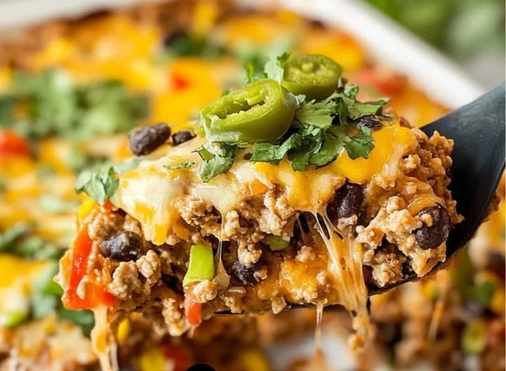 Delicious taco bake casserole topped with cheese and fresh ingredients.