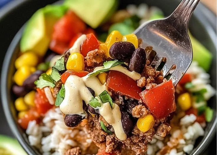 Delicious Taco Rice Bowl garnished with fresh ingredients