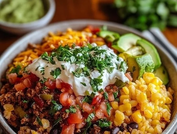 Delicious Taco Rice Bowl topped with fresh ingredients and spices.