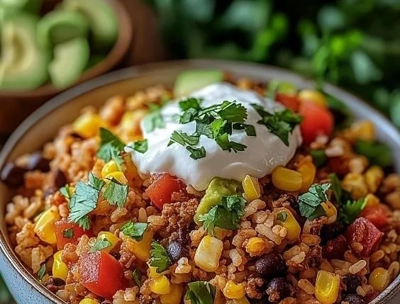 Colorful Taco Rice Bowl topped with fresh ingredients and served in a bowl