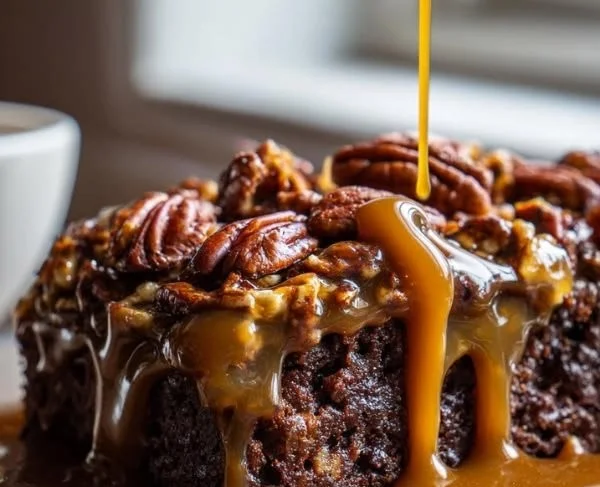 Delicious Texas Turtle Sheet Cake with chocolate, caramel, and pecans