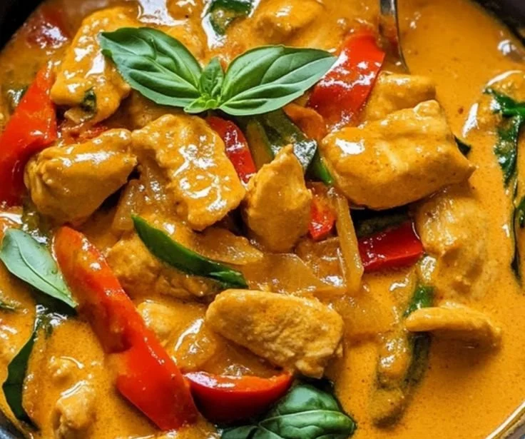 Delicious Thai coconut curry chicken served in a bowl with fresh herbs.