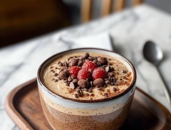 Delicious tiramisu chia pudding served in a glass, showcasing layers and toppings.
