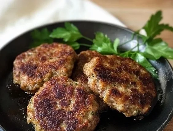 Turkey breakfast sausage patties served on a plate with eggs and toast.