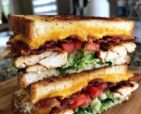 Loaded Chicken Club Sandwich with layers of chicken, bacon, and fresh veggies