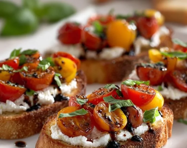 Whipped ricotta bruschetta served on toasted bread with toppings