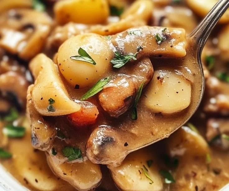 Bowl of hearty white bean mushroom stew garnished with fresh herbs