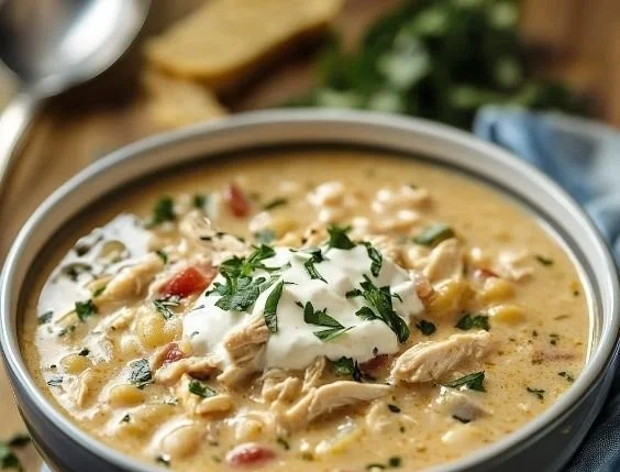 Bowl of white chicken chili garnished with cilantro and lime