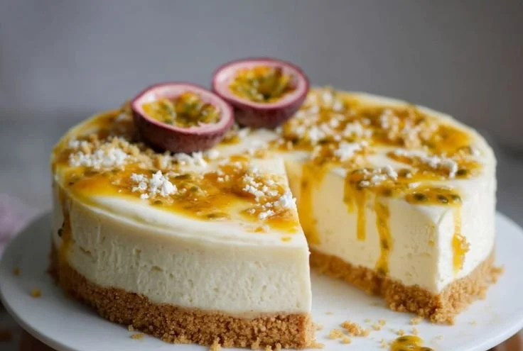 Delicious White Chocolate Passion Fruit Cheesecake with a creamy texture and tropical flavors