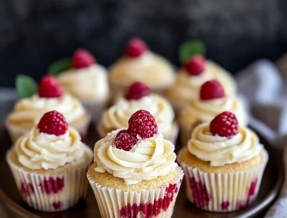 Delicious white chocolate raspberry cupcake with frosting and fresh raspberries