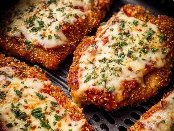 Delicious Air Fryer Chicken Parmesan served with marinara sauce and herbs