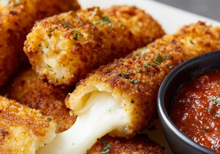 Air fryer mozzarella sticks served with marinara sauce on a plate