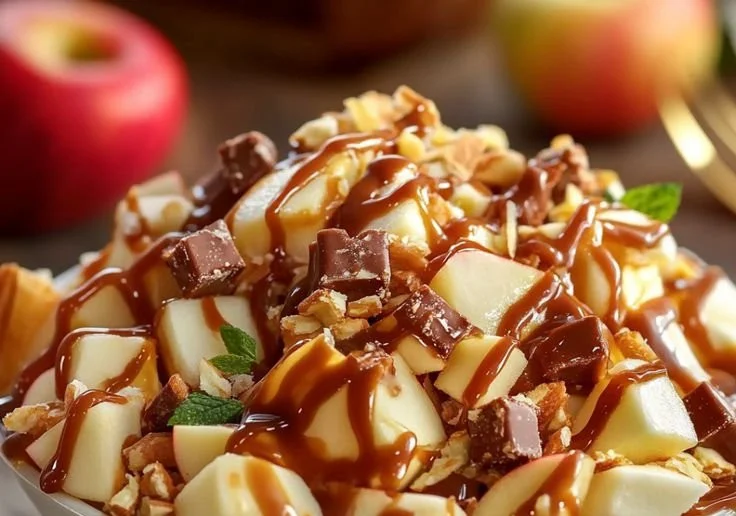 Delicious Apple Snickers Salad with Caramel, featuring apples, Snickers bars, and whipped cream.