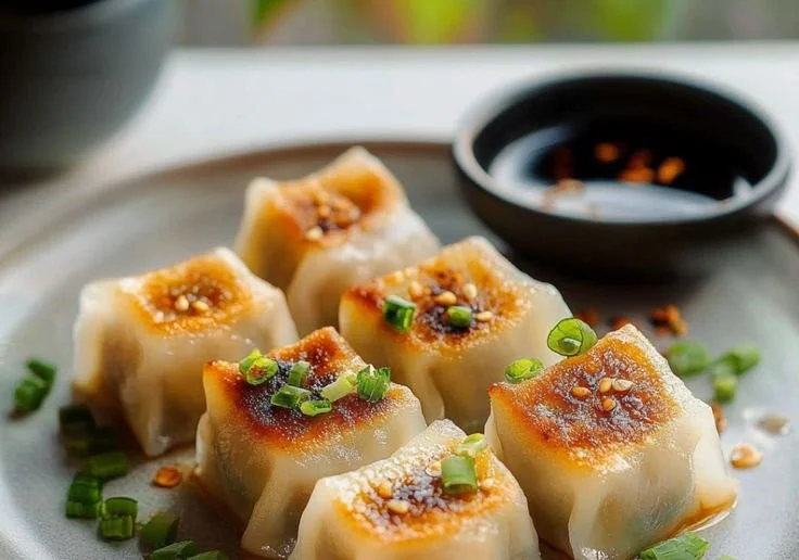 Crispy rice paper dumplings served with dipping sauce on a plate.