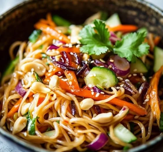 Healthy and colorful Asian noodle salad topped with fresh vegetables