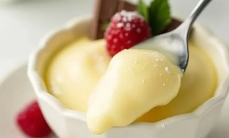 Delicious bowl of Authentic Bavarian Cream dessert topped with fresh berries.