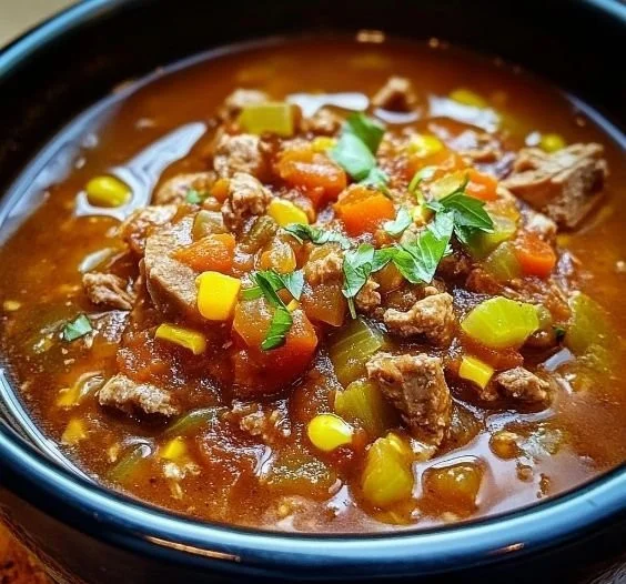 Bowl of homemade authentic Brunswick stew with vegetables and meat.