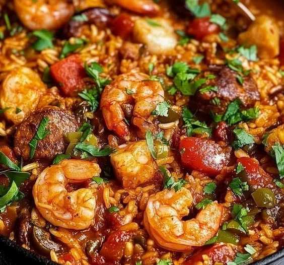 Delicious authentic Cajun Jambalaya served in a bowl with shrimp and sausage.